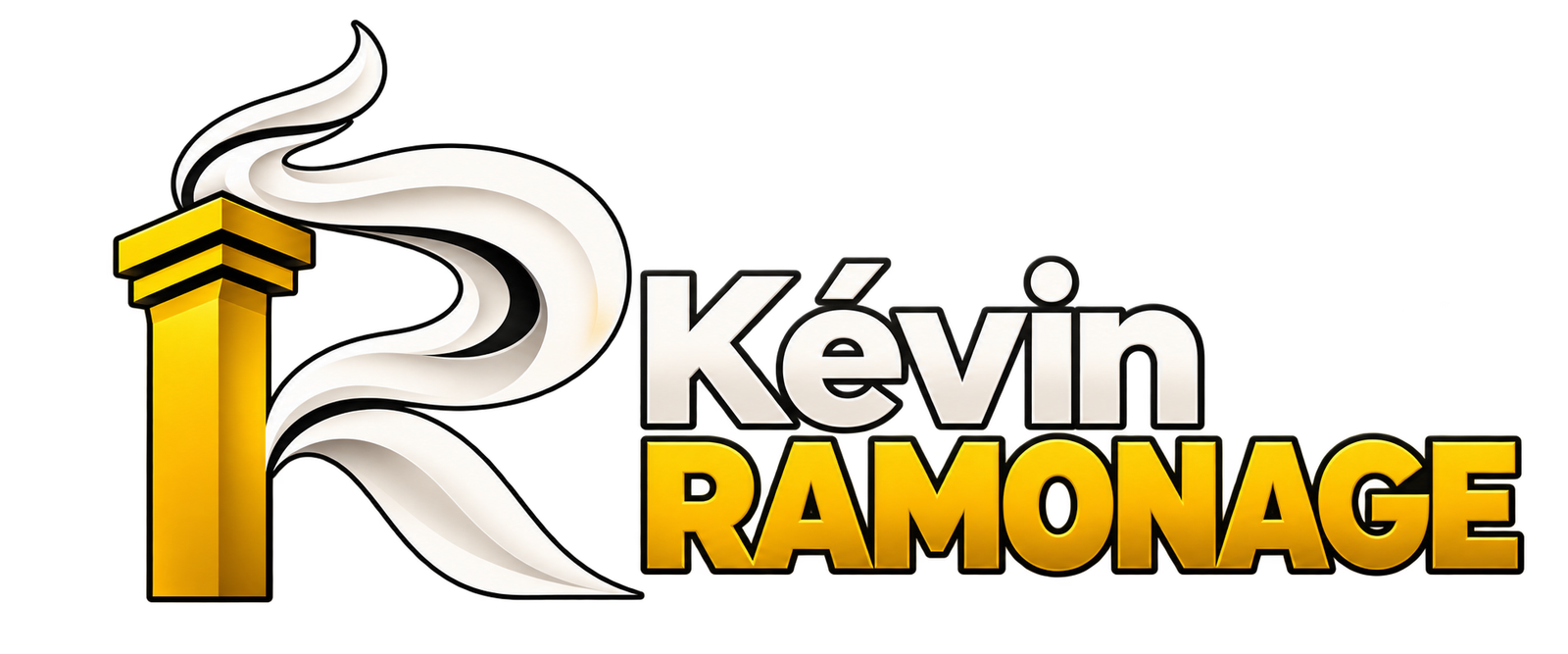 Logo Kévin Ramonage, cheminée dorée et fumée formant un R